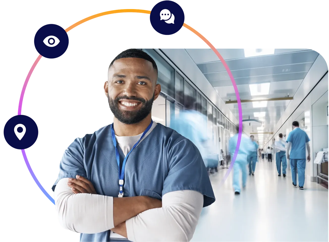 Smiling healthcare worker in scrubs stands in a busy hospital corridor, with icons for location, vision, and communication surrounding him.