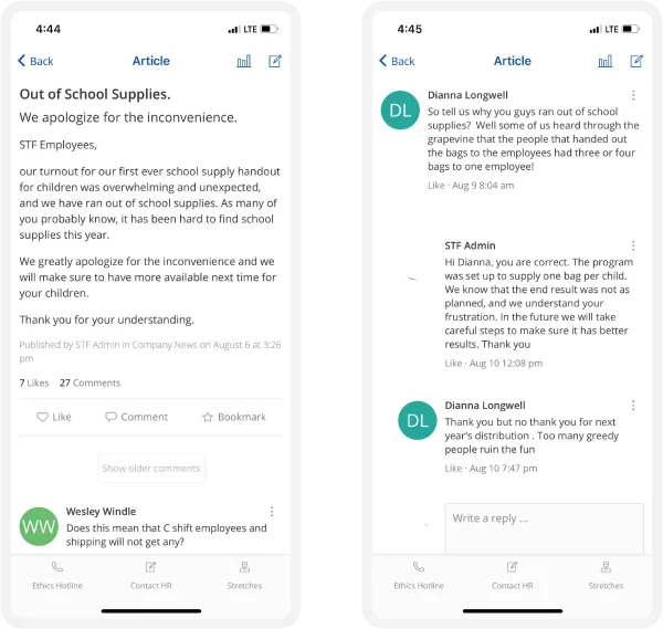 Two mobile screens show a company post about school supply shortages and employee comments discussing the distribution issue.
