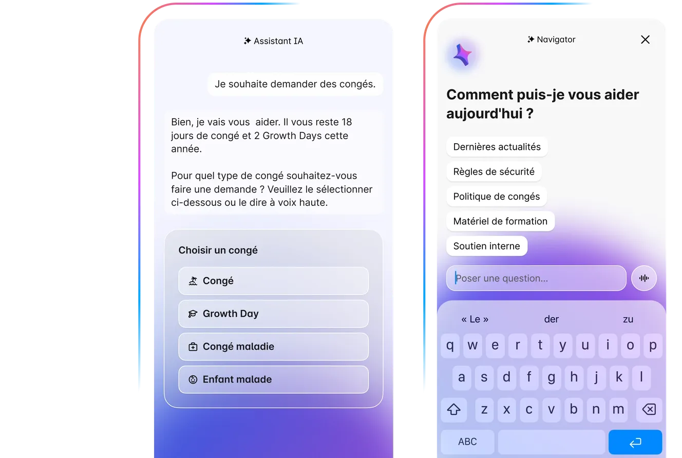 Assistant IA dans l'application Staffbase : demander un congé via le chat, avec le choix entre congé, Growth Days, congé maladie et enfant malade. À droite : l'assistant Navigator avec accès rapide aux politiques RH, règles de sécurité et supports de formation.