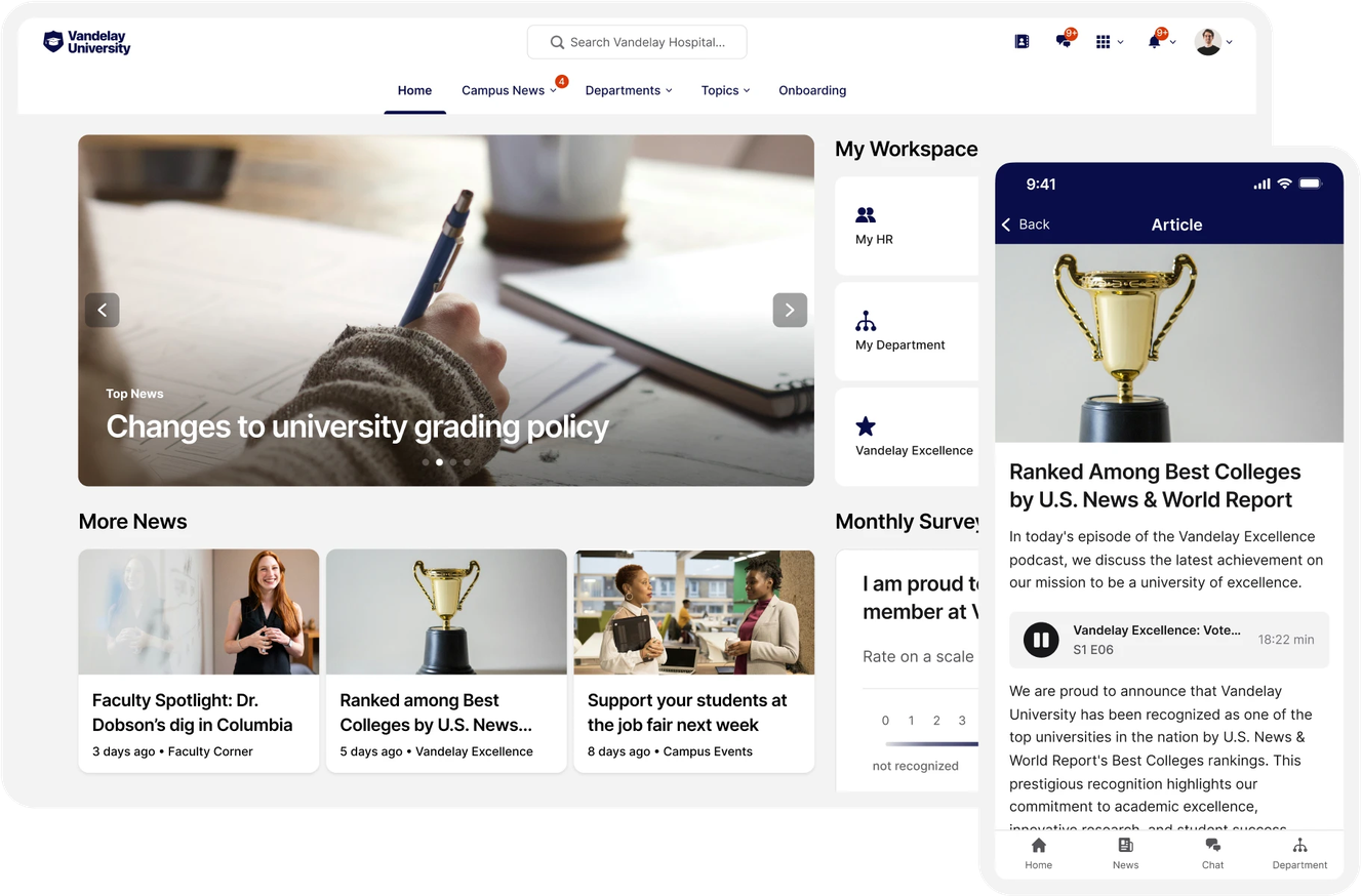 University portal showing news updates, including grading policy changes and a ranking announcement, with a trophy image on a mobile device.