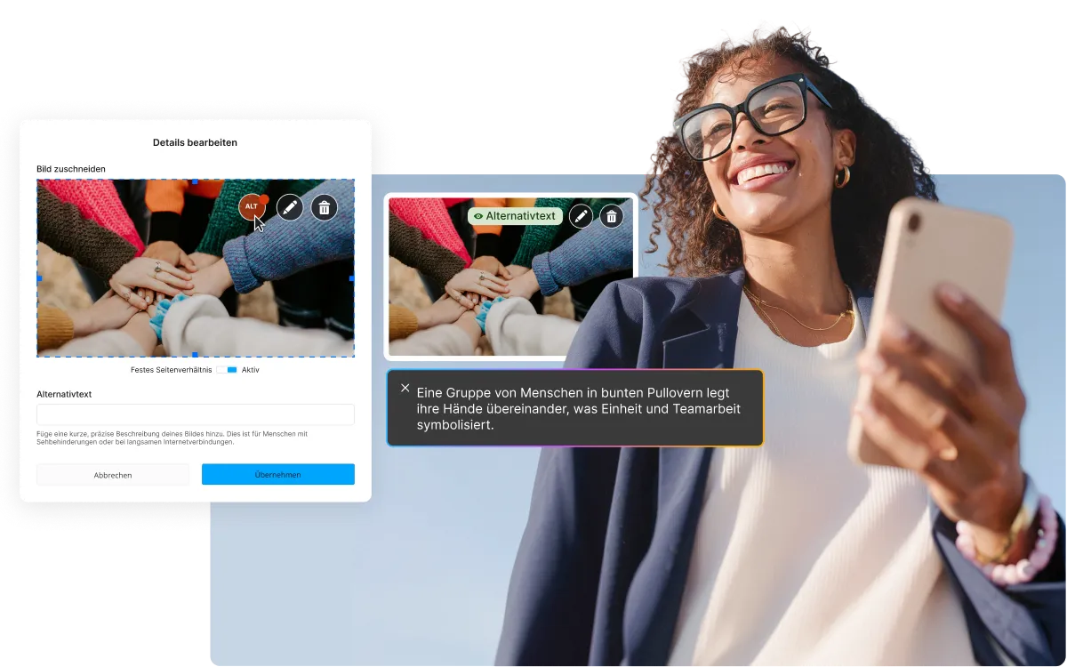 Eine Gruppe von Menschen in bunten Pullovern legt ihre Hände übereinander, was Einheit und Teamarbeit symbolisiert.