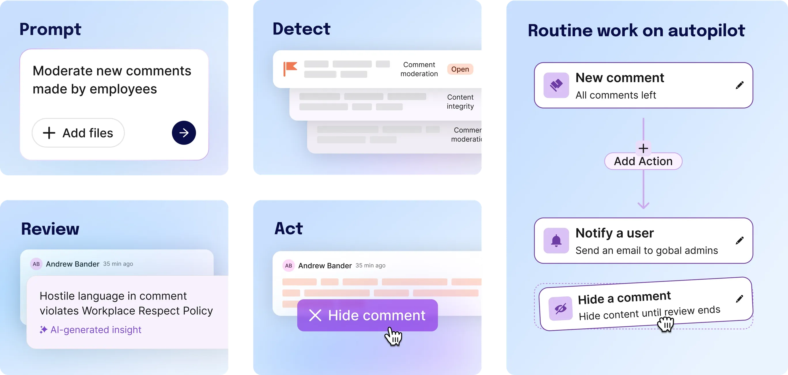 Staffbase Autopilot feature showing a four-step AI workflow: prompt to moderate employee comments, detect policy violations, review AI-generated insights, and act by hiding flagged content, with an automation flow on the right.