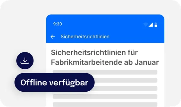 Mobiler Bildschirm mit der Anzeige „Sicherheitsrichtlinien für Fabrikarbeiter ab Januar“ mit einem Download-Symbol und der Beschriftung „Offline verfügbar“.