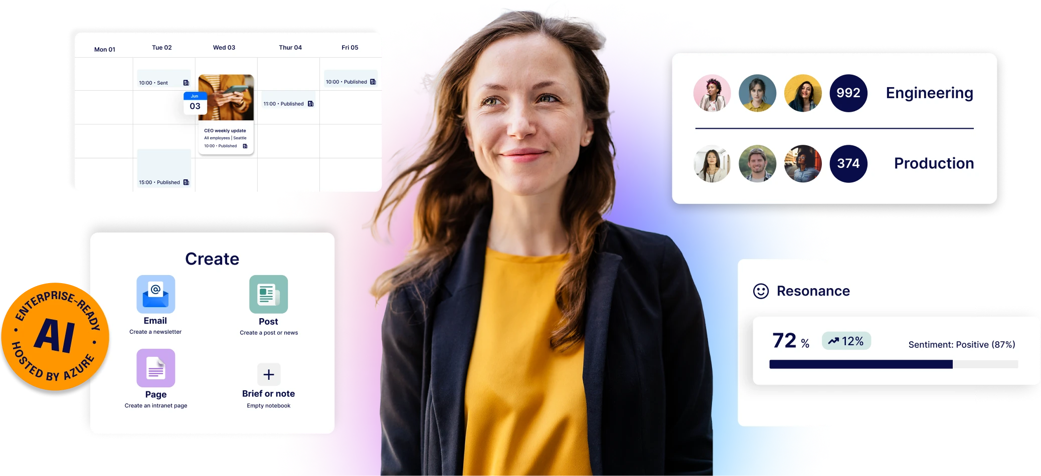 A woman stands confidently, surrounded by digital elements like calendars, user stats, and analytics on a colorful gradient background.