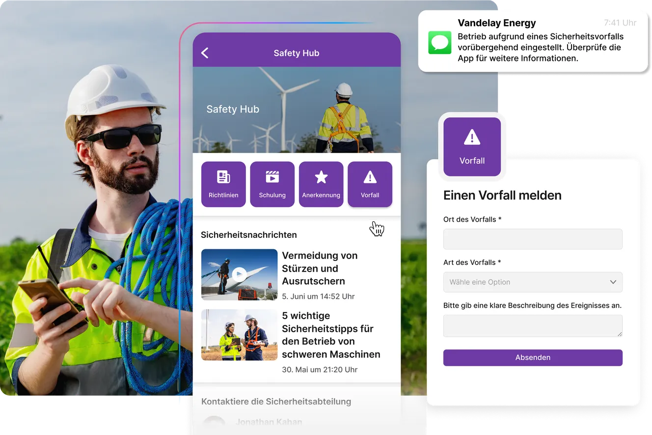 Industriearbeiter mit Schutzhelm nutzt ein Smartphone im Freien; daneben eine mobile Safety-Hub-Oberfläche mit Sicherheitsmeldungen, Richtlinien, Schulungen und der Funktion ‚Vorfall melden‘ sowie eine Push-Benachrichtigung zu einem Sicherheitsvorfall.