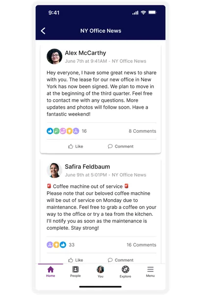 Mobile app screen showing two news posts. Top post discusses a new office lease in New York. Bottom post informs about a coffee machine outage.