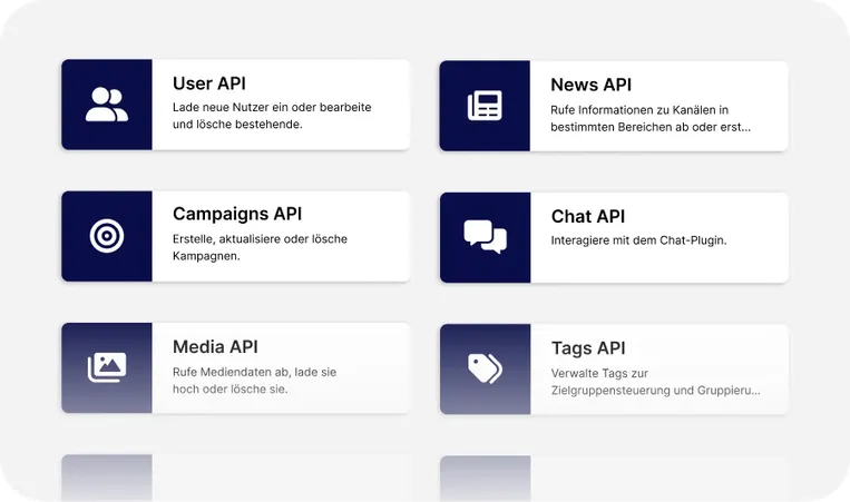 Ein Raster aus sechs beschrifteten API-Karten: Benutzer, Nachrichten, Kampagnen, Chat, Medien und Tags, jeweils mit Symbolen und kurzen Beschreibungen.