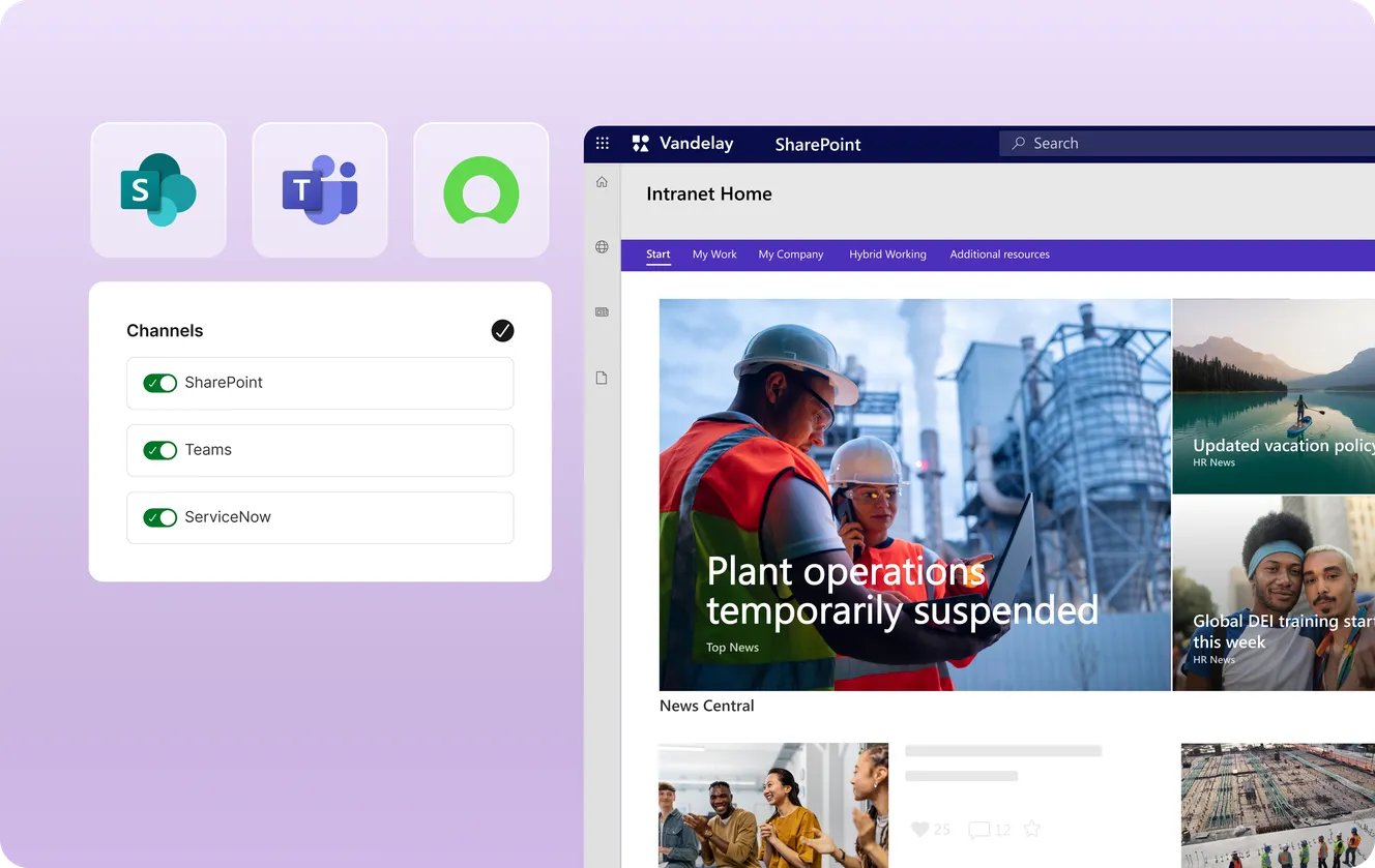 tudio Publisher channel toggles for SharePoint, Teams and ServiceNow next to a SharePoint intranet home page showing company news.