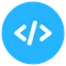 A blue circle with white angle brackets symbol, representing coding or programming.