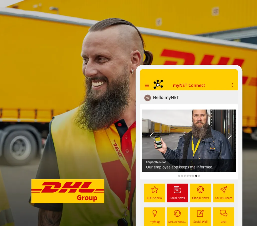 Smiling man with a beard in DHL uniform next to a smartphone displaying the myNET app interface, with a DHL truck in the background.