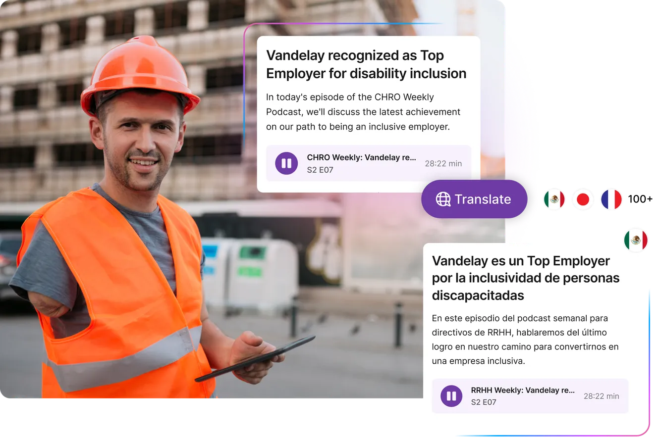 A construction worker in an orange vest and helmet holds a tablet. Overlay shows podcast episodes in English and Spanish about disability inclusion.