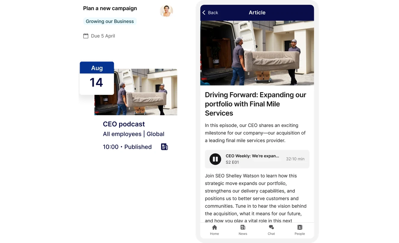 Split-screen image: Left shows a calendar event and podcast details; right shows a podcast article with movers carrying a couch.
