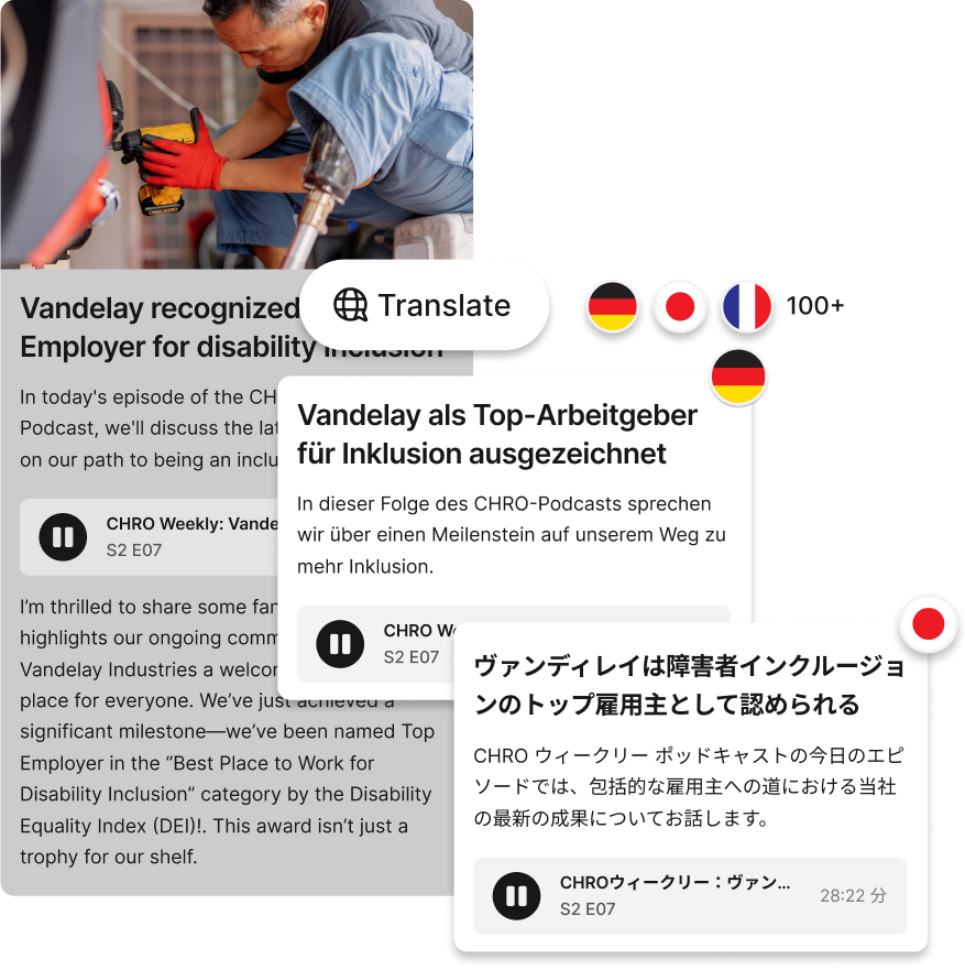 Person using a tablet to translate a podcast episode about disability inclusion, with text in multiple languages displayed.