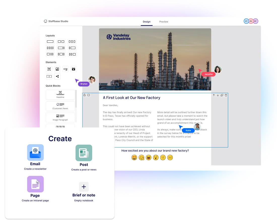 Digital design interface showing a newsletter about a factory, with editing tools and options for creating emails, posts, and pages.