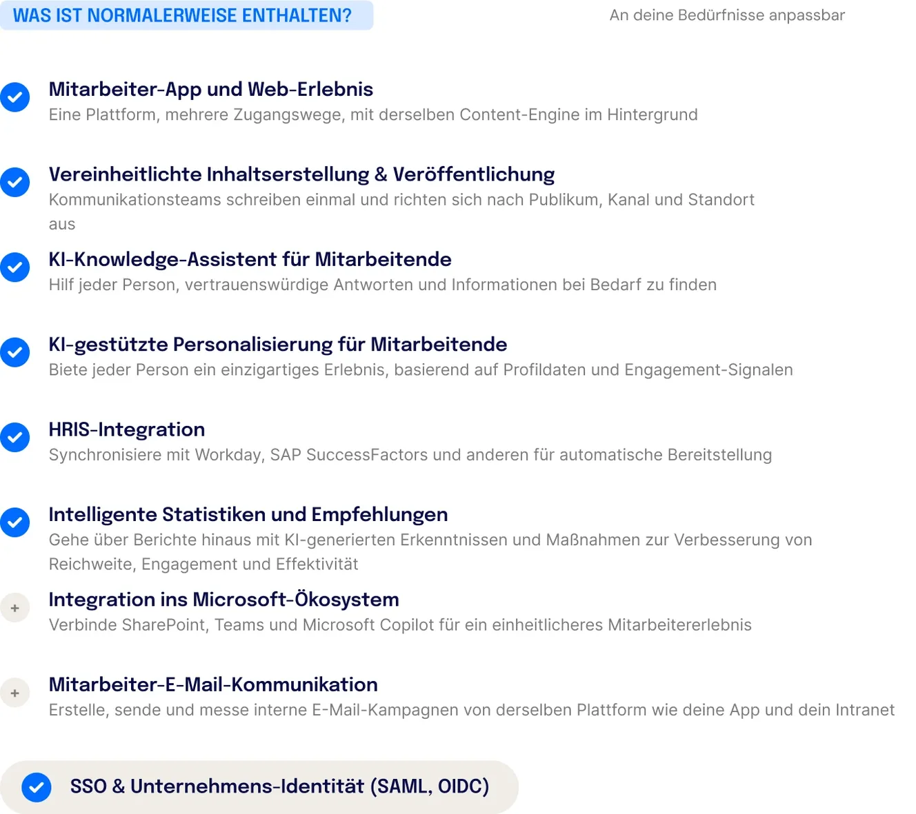 Übersicht der Staffbase Plattformfunktionen: einheitliches Mitarbeiter-App- und Web-Erlebnis, zentrale Inhaltserstellung mit Zielgruppen- und Standortausrichtung, KI-Knowledge-Assistent, KI-gestützte Personalisierung auf Basis von Profildaten, HRIS-Integration mit Workday und SAP SuccessFactors, intelligente Statistiken und Empfehlungen, Microsoft-Ökosystem-Integration (SharePoint, Teams, Copilot) sowie interne E-Mail-Kommunikation.