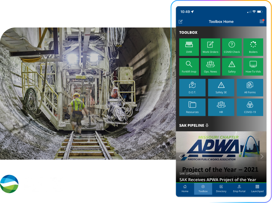 Construction worker in a tunnel alongside a mobile app interface displaying toolbox options and a project award announcement. SAK logo visible.