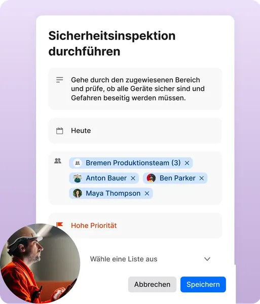 Detailansicht einer digitalen Aufgabenkarte mit dem Titel „Sicherheitsinspektion durchführen“. Die Karte enthält Anweisungen zur Prüfung von Geräten im zugewiesenen Bereich, die Frist „Heute“, das zugewiesene „Bremen Produktionsteam“ (Anton Bauer, Ben Parker, Maya Thompson) und eine Markierung für „Hohe Priorität“.