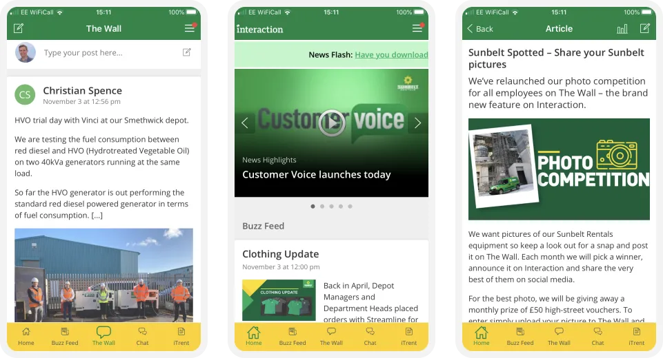 Three mobile app screens showing a news feed, customer voice launch, and a photo competition announcement with green and yellow accents.