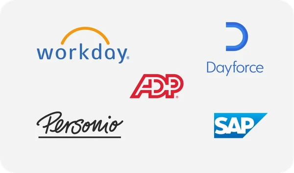 Die Logos von Workday, Dayforce, ADP, Personio und SAP werden auf weißem Hintergrund angezeigt.