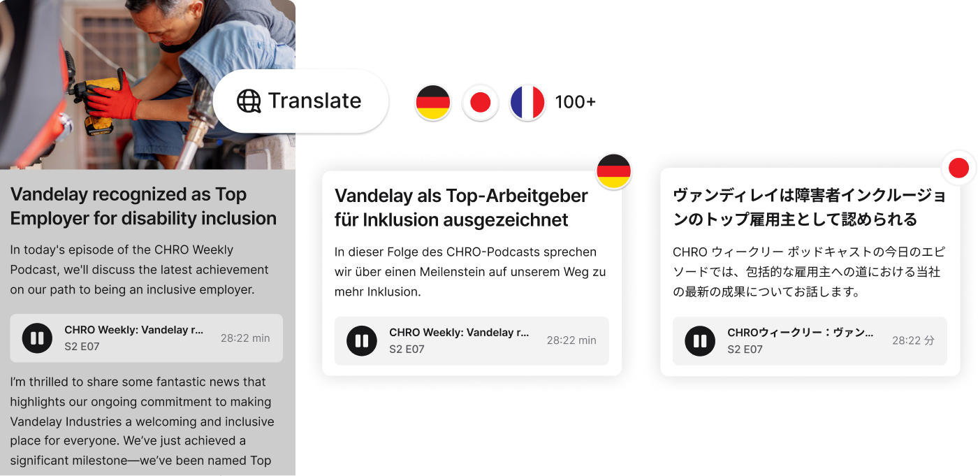 A person using a tablet with translation options in multiple languages, displaying text about Vandelay's recognition as a top employer for inclusion.