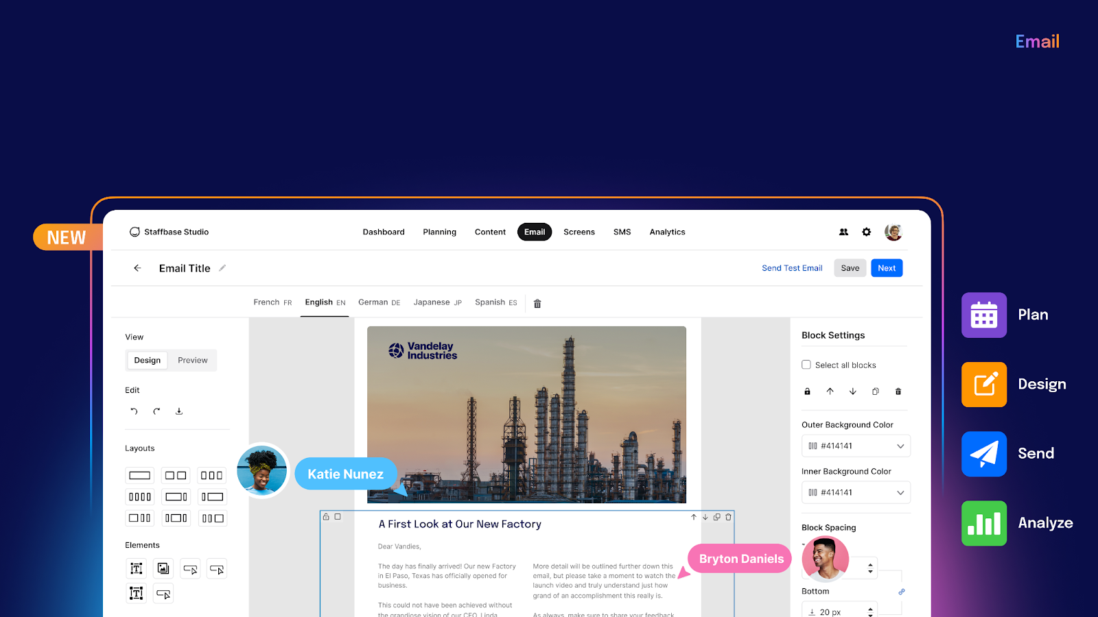 Email design interface showing a template editor with industrial images, user comments, and sidebar options for planning, designing, sending, and analyzing.