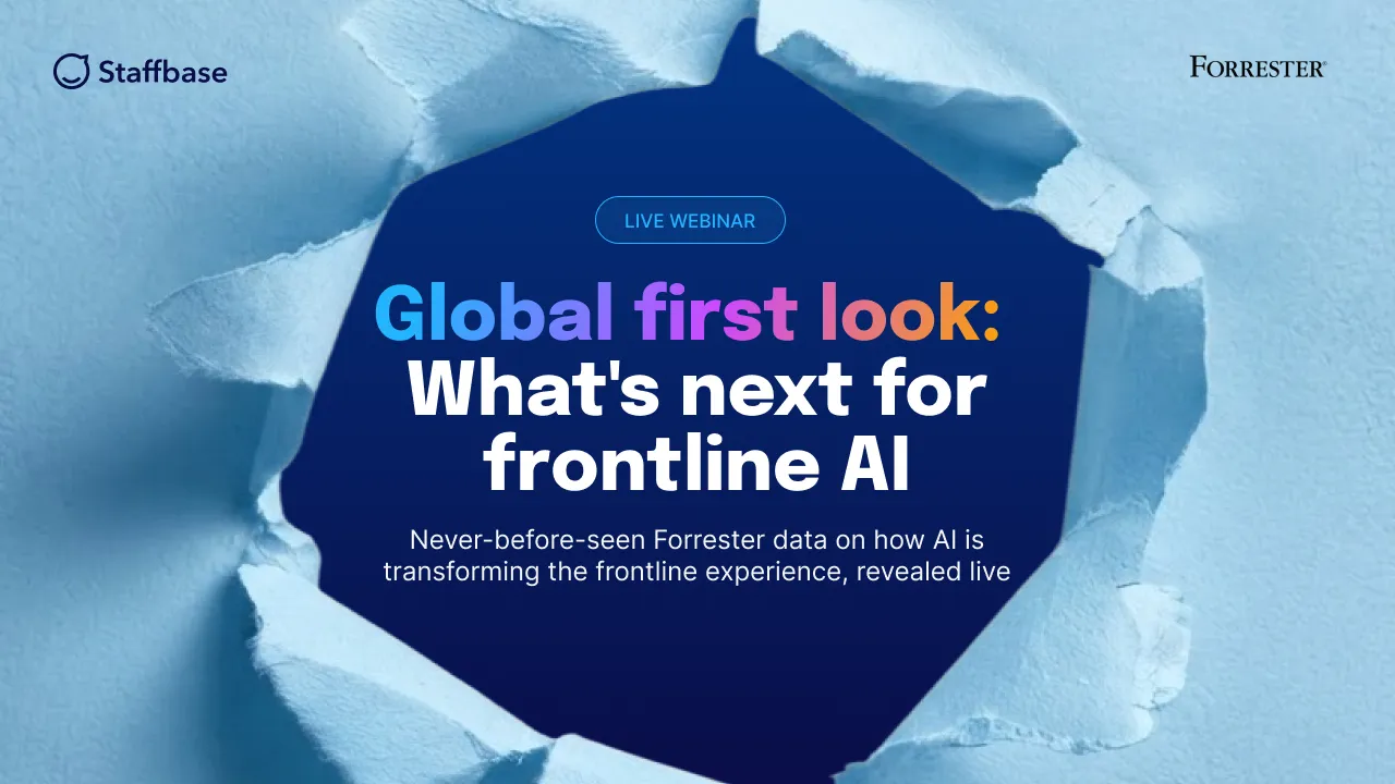 "Staffbase x Forrester webinar promo: 'Global first look: What's next for frontline AI,' live webinar badge