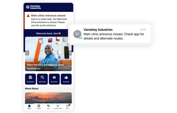 Mobile app interface showing a clinic closure alert due to a water leak, with a smiling emergency team member and navigation options below.