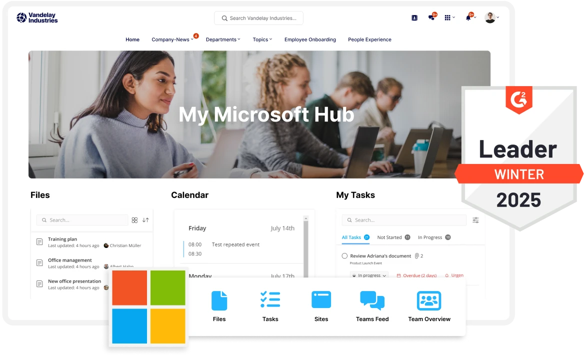 A team works on laptops in an office. The screen shows "My Microsoft Hub" with files, calendar, and tasks. A "Leader Winter 2025" badge is visible.