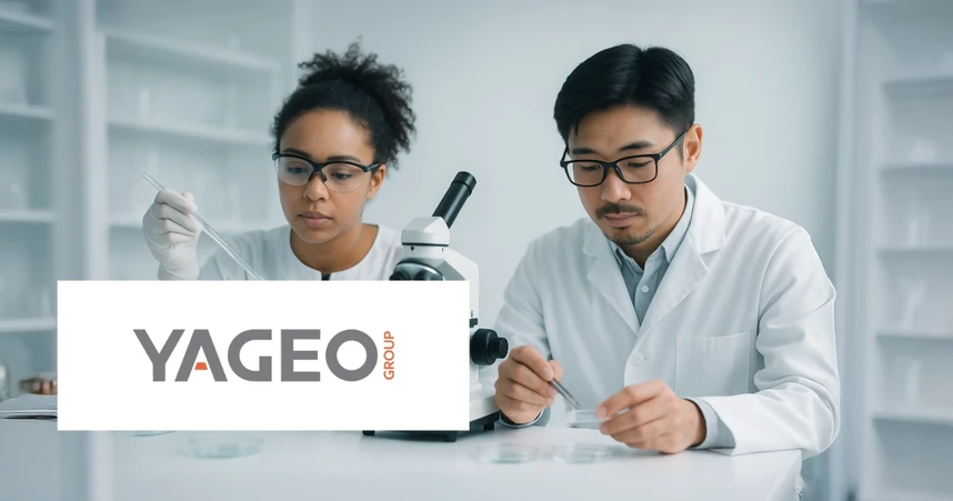 Two scientists in lab coats work with petri dishes and a microscope in a laboratory. The Yageo Group logo is overlaid on the image.