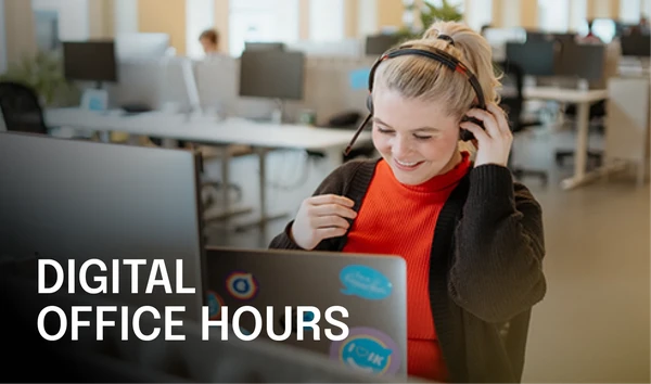 Smiling person with a headset at a laptop in a modern office. Text reads "Digital Office Hours."