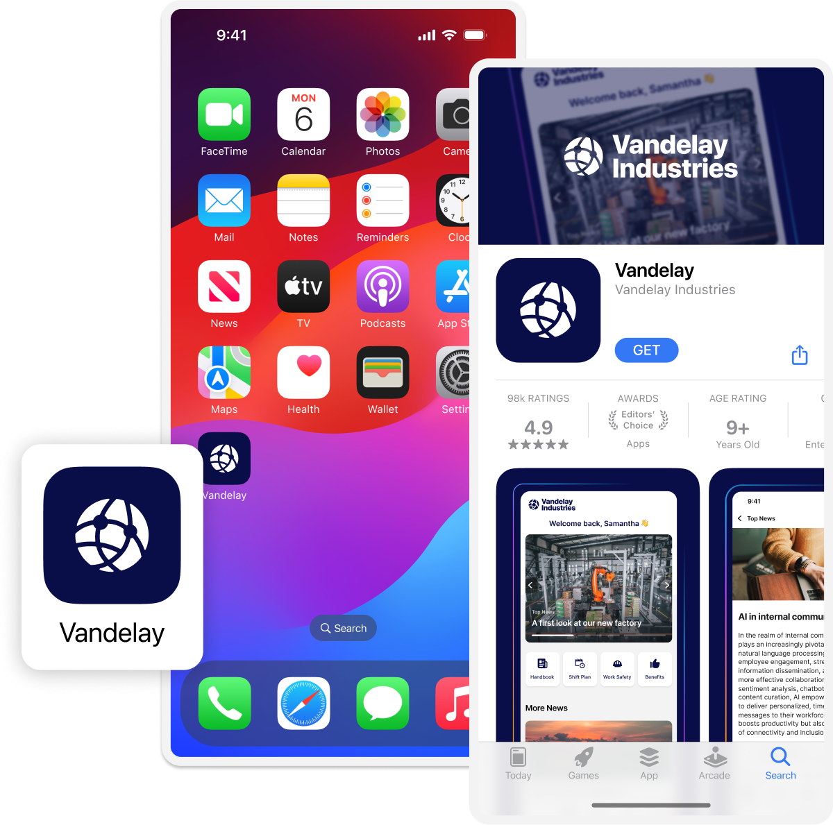 Smartphone screen showing the Vandelay Industries app icon and App Store page with a 4.9 rating and download option.