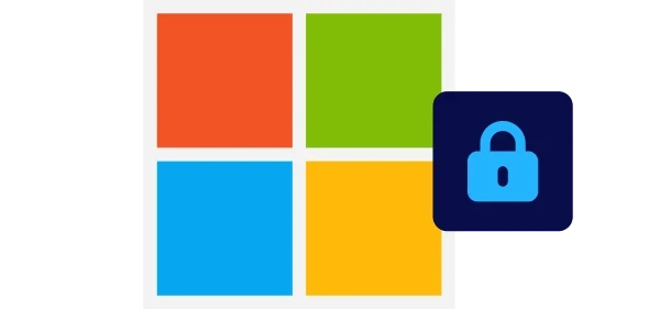 Microsoft logo with a blue lock icon overlay, symbolizing security.