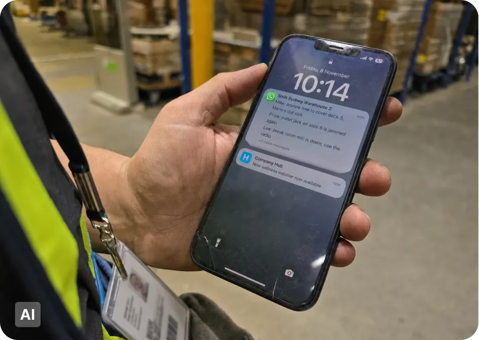 Warehouse worker in a hi-vis vest holding a phone showing a cluttered WhatsApp shift group with urgent messages about coverage and jammed equipment, while a single Company Hub wellness webinar notification sits unnoticed below