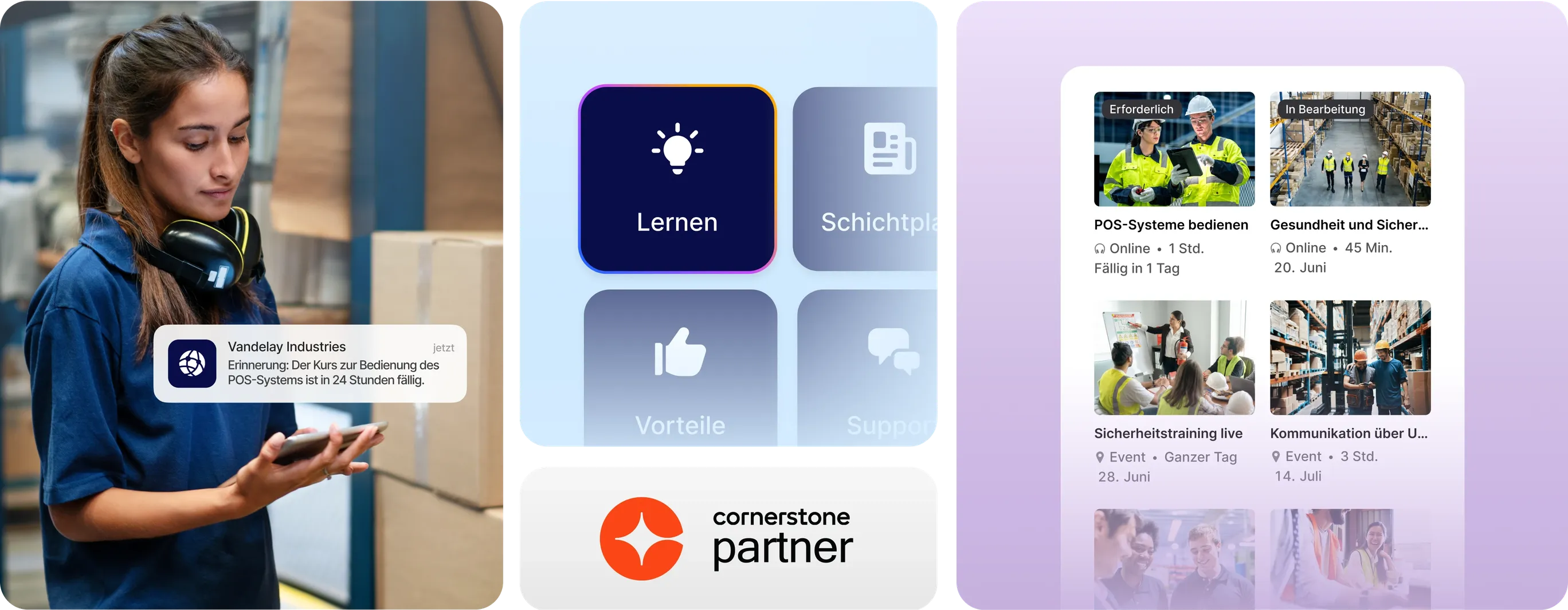Ein Mitarbeiter checkt kurz seinen Trainings-Alert am Smartphone, mit der App und dem Dashboard offen daneben