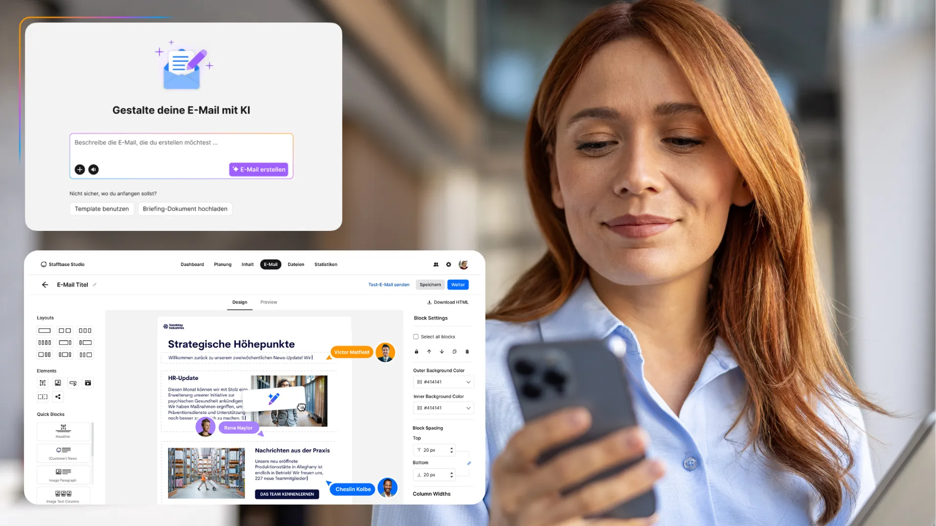 Bild zeigt eine Frau, die auf ihr Smartphone schaut, kombiniert mit einer Oberfläche zur KI-gestützten E-Mail-Erstellung. Zu sehen ist ein Eingabefeld zur Generierung von E-Mails, Optionen für Vorlagen oder das Hochladen eines Briefings sowie ein Drag-and-Drop-Editor mit anpassbaren Layouts, Inhaltsblöcken und Design-Einstellungen. Die Darstellung veranschaulicht die Erstellung und Bearbeitung von E-Mails mit Unterstützung von KI in einer professionellen Kommunikationsplattform.