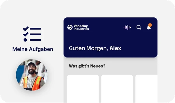 Dashboard-Oberfläche mit der Anzeige „Guten Morgen, Alex“ mit Profilbild, Aufgabenlisten-Symbol und Benachrichtigungsalarm.