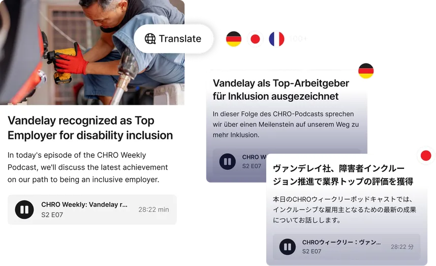 Podcast episode with text in multiple languages discussing Vandelay's recognition as a top employer for disability inclusion.