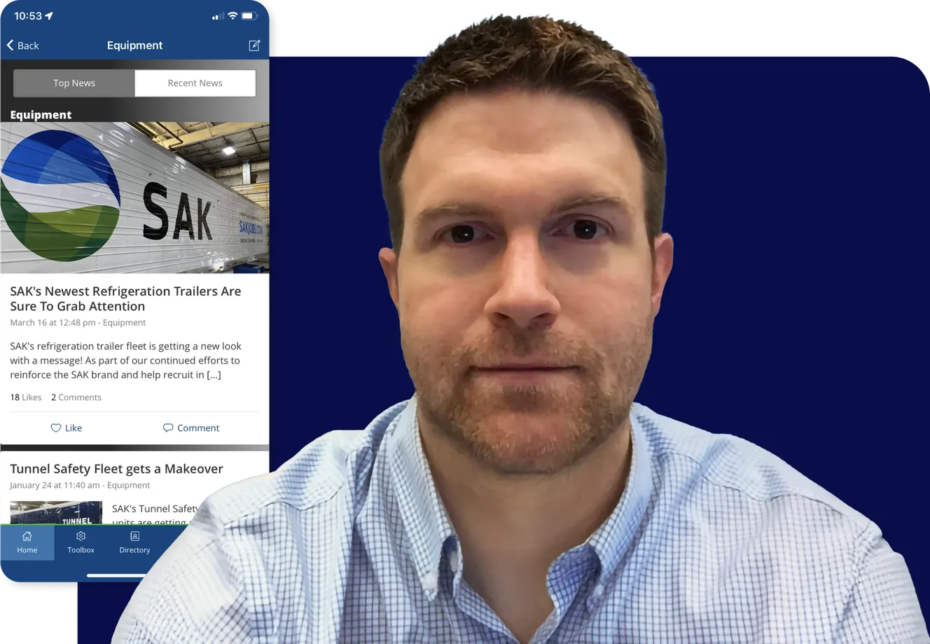 Scott Linke Marketing Manager at SAK Construction. A man in a checkered shirt appears in front of a blue background, with a smartphone app displaying news about SAK refrigeration trailers.