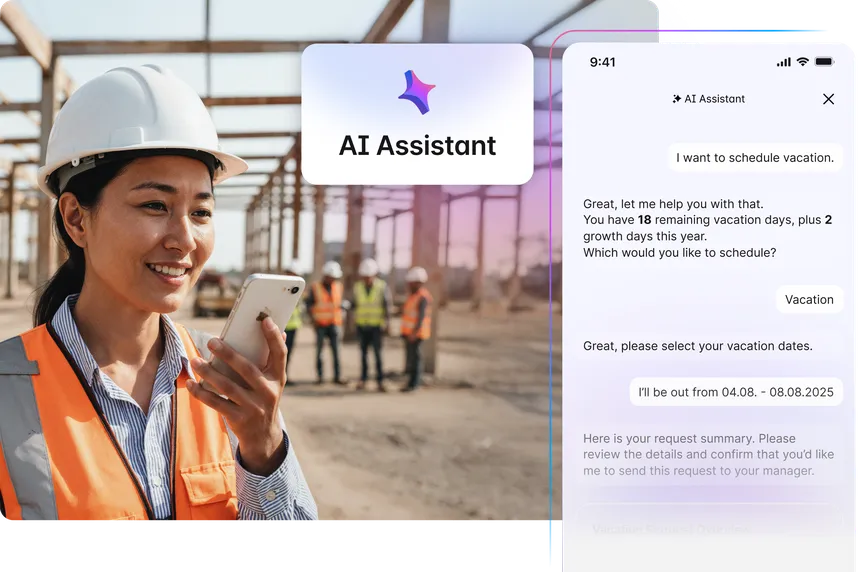 A construction worker uses a voice assistant on a smartphone. The screen displays a conversation about scheduling vacation days.