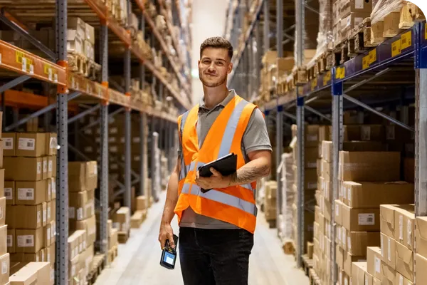 A warehouse worker in an orange safety vest holds a tablet and scanner, standing in an aisle lined with shelves of boxes.