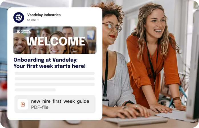 Onboarding welcome email for new hires at Vandelay Industries with a first week guide PDF attached