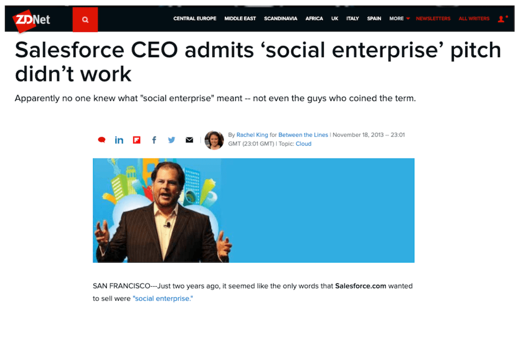 A screenshot of an article in which Salesforce admitted that their social intranet software pitch didn