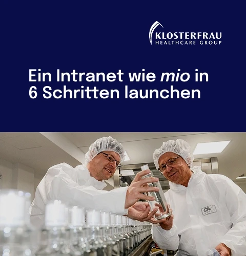 Two people in lab coats and hairnets examining bottles in a laboratory setting, with text about launching an intranet in six steps.
