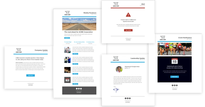 A collage of five email templates featuring alerts, company updates, event notifications, and newsletters with various layouts and images.