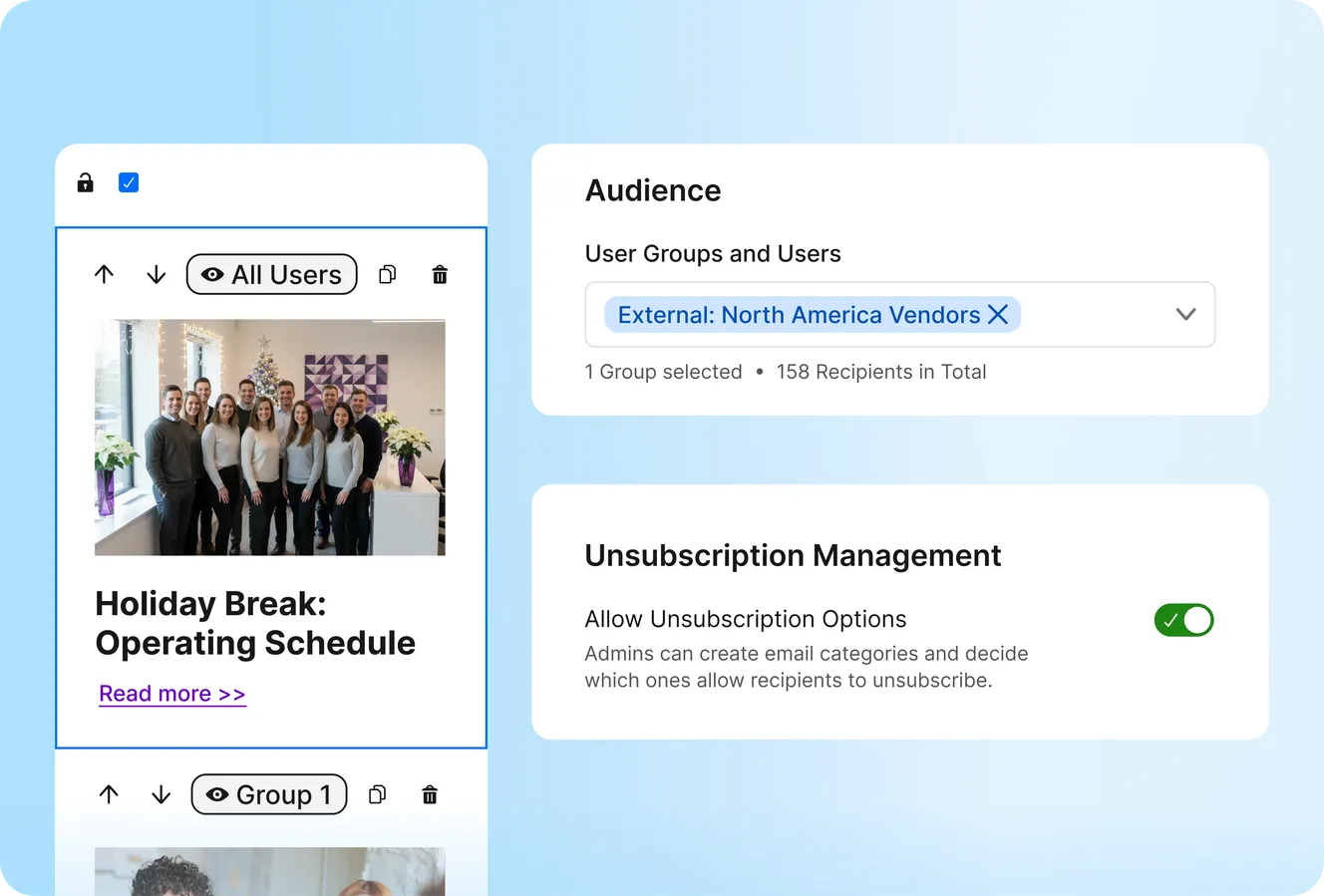 Staffbase email audience settings with an external vendor group selected and unsubscription management enabled for a Holiday Break email.