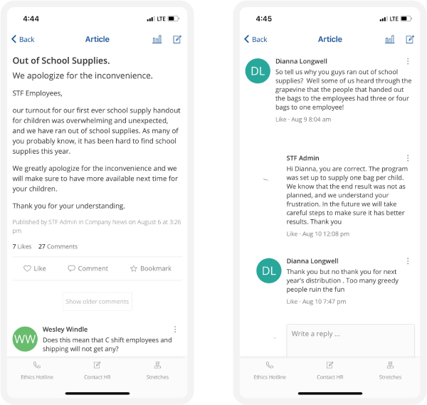 Two mobile screens show a company post about school supply shortages and employee comments discussing the distribution issue.