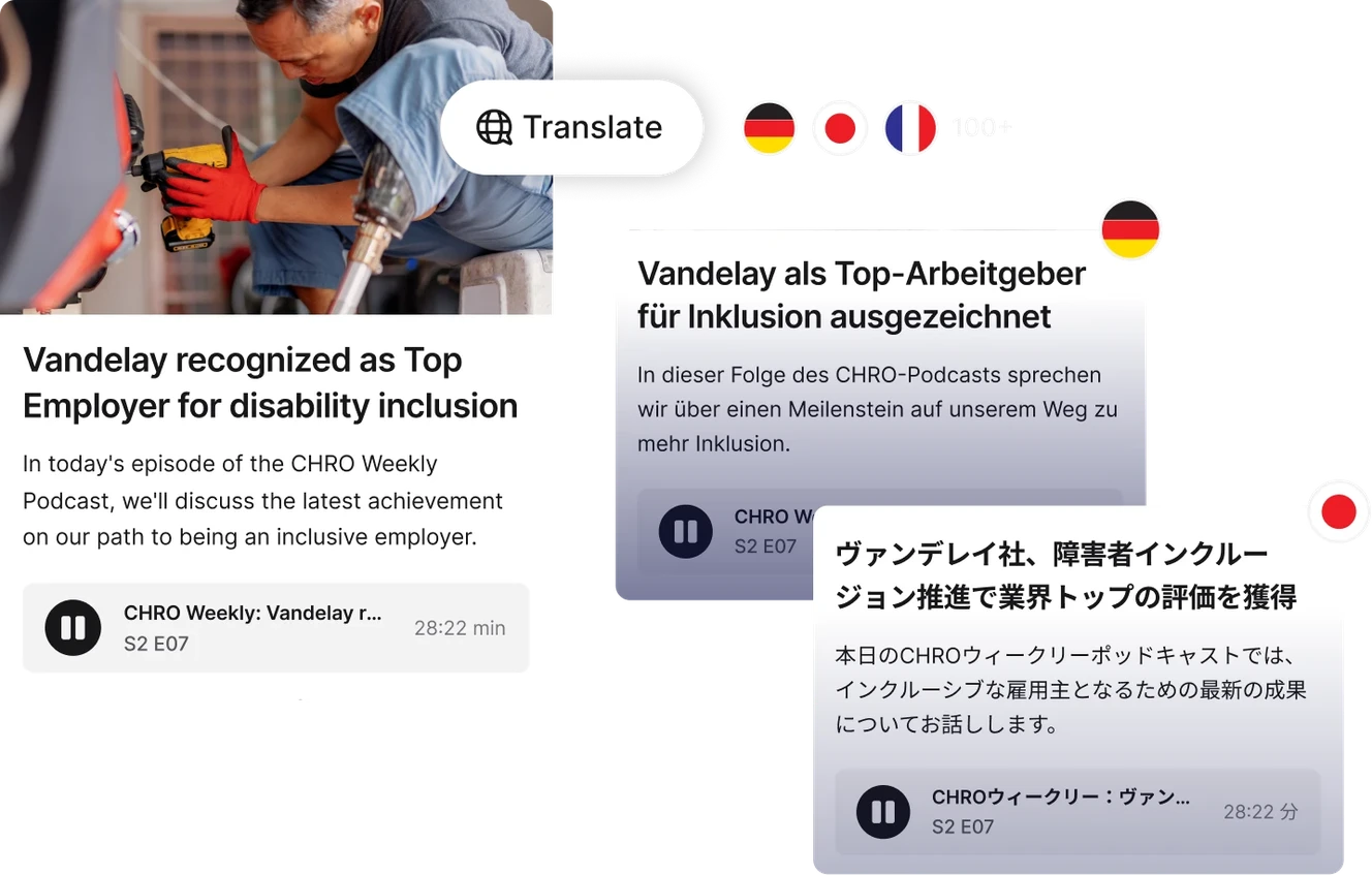Collage showing a podcast interface with translation options and an image of a person working with tools. Text highlights inclusion achievements.