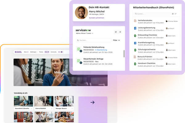 Desktop-Ansicht des Intranets "Mein HR" mit zielgruppenspezifischen Widgets, die über der Seite schweben. Die Widgets zeigen: "Dein HR-Kontakt" (Harry Mitchel), offene Tickets aus ServiceNow (z. B. "Fehlende Gehaltszahlung"), und eine Suche im "Mitarbeiterhandbuch (SharePoint)" mit verschiedenen Dokumenten wie "Verhaltenskodex" und "Onboarding-Checkliste".