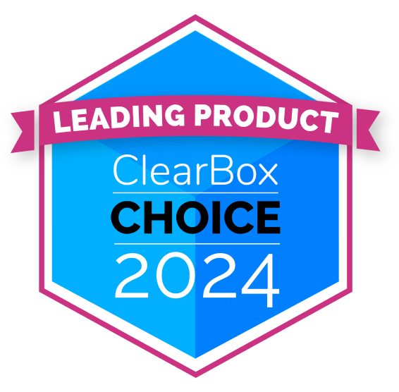 Hexagonal badge with "Leading Product" banner, "ClearBox Choice 2024" text, in blue and pink colors.