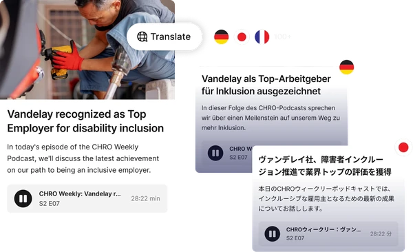 Podcast episode with text in multiple languages discussing Vandelay's recognition as a top employer for disability inclusion.